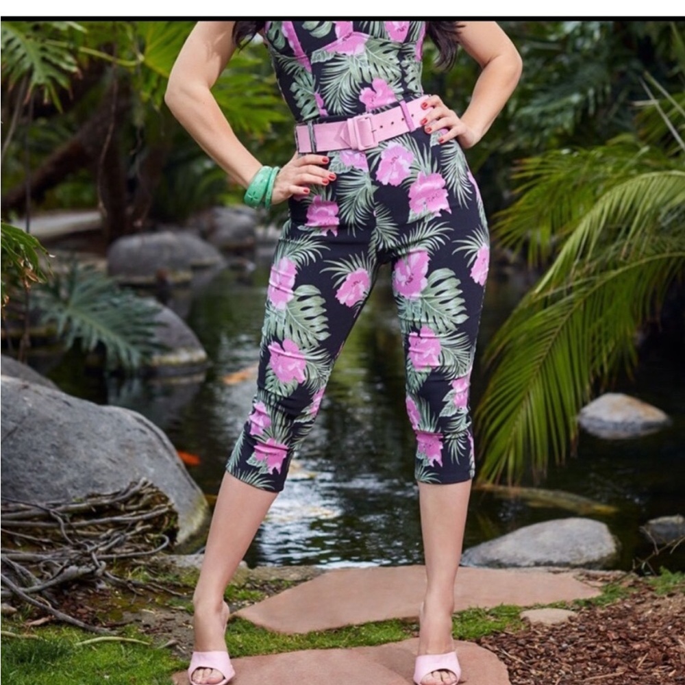 Pinup Couture Black and Pink Floral Capris